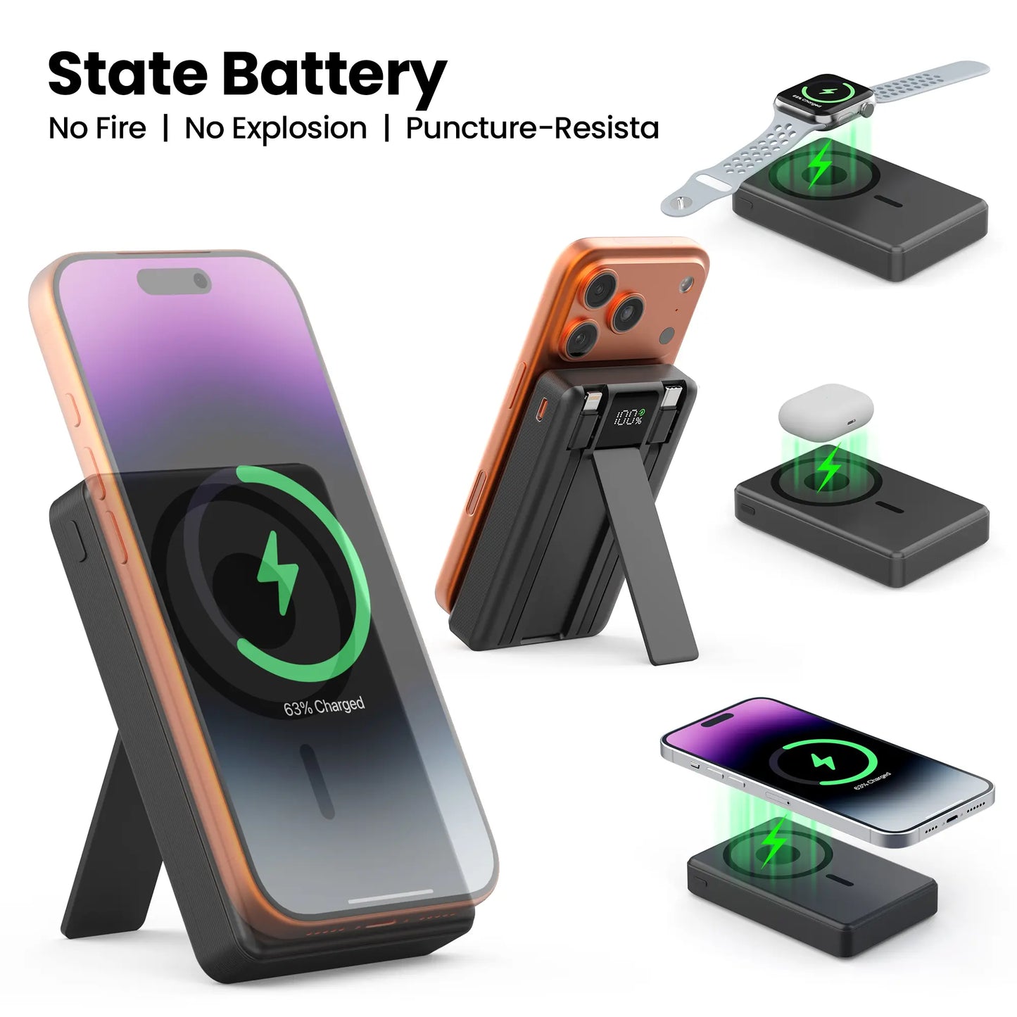 Digiera 10000mAh MagSafe Wireless Power Bank with Dual USB-C and Lightning Cables - Fast Charging, LED Display, Compact Travel Charger for iPhone 17/16/15/14/13/12 Series