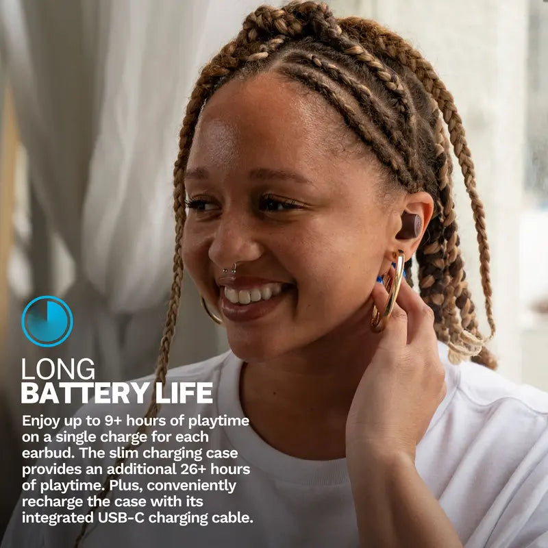 JLab GO Tones+ True Wireless Bluetooth Earbuds - 35+ Hours Playtime, Customizable EQ, Fast Charging, Integrated Cable, Touch Controls