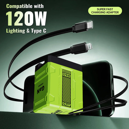 2-in-1 GaN Charger 120W – Fast Charging Type-C & Lightning Retractable Cord, Wall Foldable Plug for iPhone, Samsung, Galaxy, iPad, MacBook – Travel Friendly Compact Safe Tech Gift