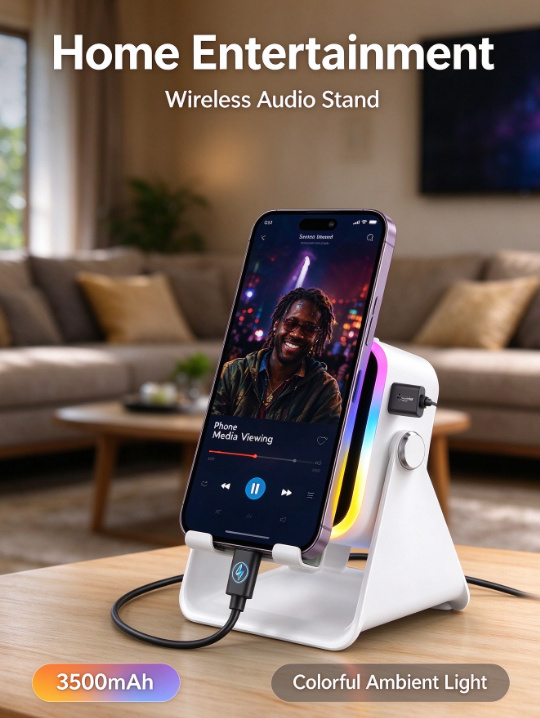 5in1 Wireless Induction Audio Speaker Stand, 3500mAh Emergency Power Bank, 360° Adjustable Phone Tablet Holder with Colorful Ambient Light, Gifts for Men Women