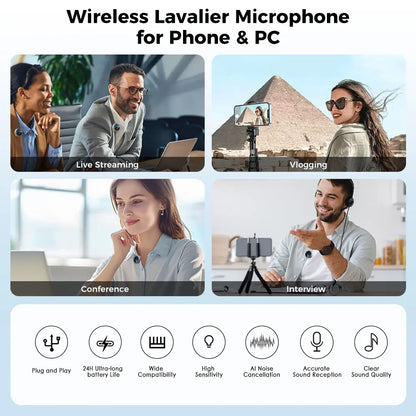 Wireless Lavalier Microphone for iPhone/Android/Camera/PC/Laptop, 30H Battery Life, 1000ft Range, Noise Cancellation, Button Size Lapel Microphone for iPhone/iPad/Video Recording/Streaming/YouTube