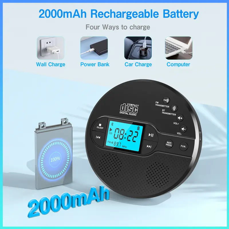 Portable CD Player with Bluetooth 5.1 – Stereo Sound, FM Transmitter, 2000mAh Battery, Anti-Skip Protection, AUX/USB Ports, LCD Display – for Car & Home, Great Gift