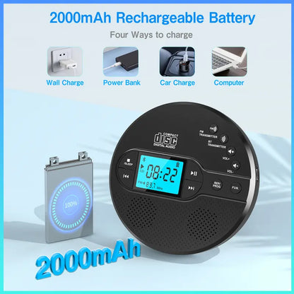 Portable CD Player with Bluetooth 5.1 – Stereo Sound, FM Transmitter, 2000mAh Battery, Anti-Skip Protection, AUX/USB Ports, LCD Display – for Car & Home, Great Gift