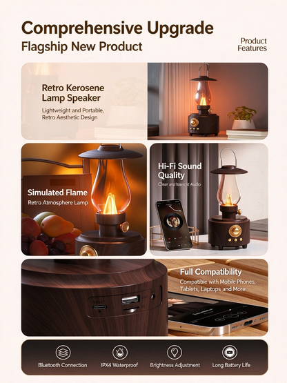 Kerosene Lantern Bluetooth Speaker - Retro Desktop Bluetooth Hi-Fi Audio, Portable Outdoor Camping Speaker with Lighting & Ambient Lamp