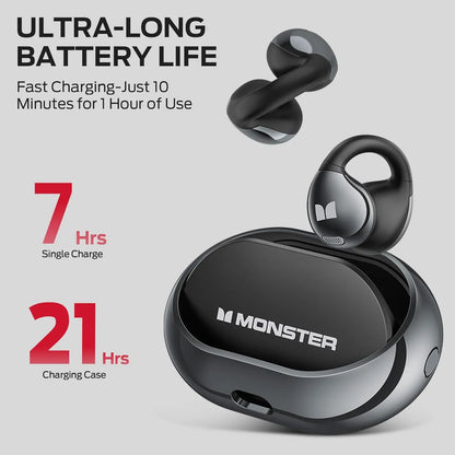Monster Open Ear AC600 Headphones - Bluetooth 5.4 Clip-On Wireless Earbuds with HiFi Stereo, ENC Calls, 21H Playtime and IPX6 Water Resistant for Workouts