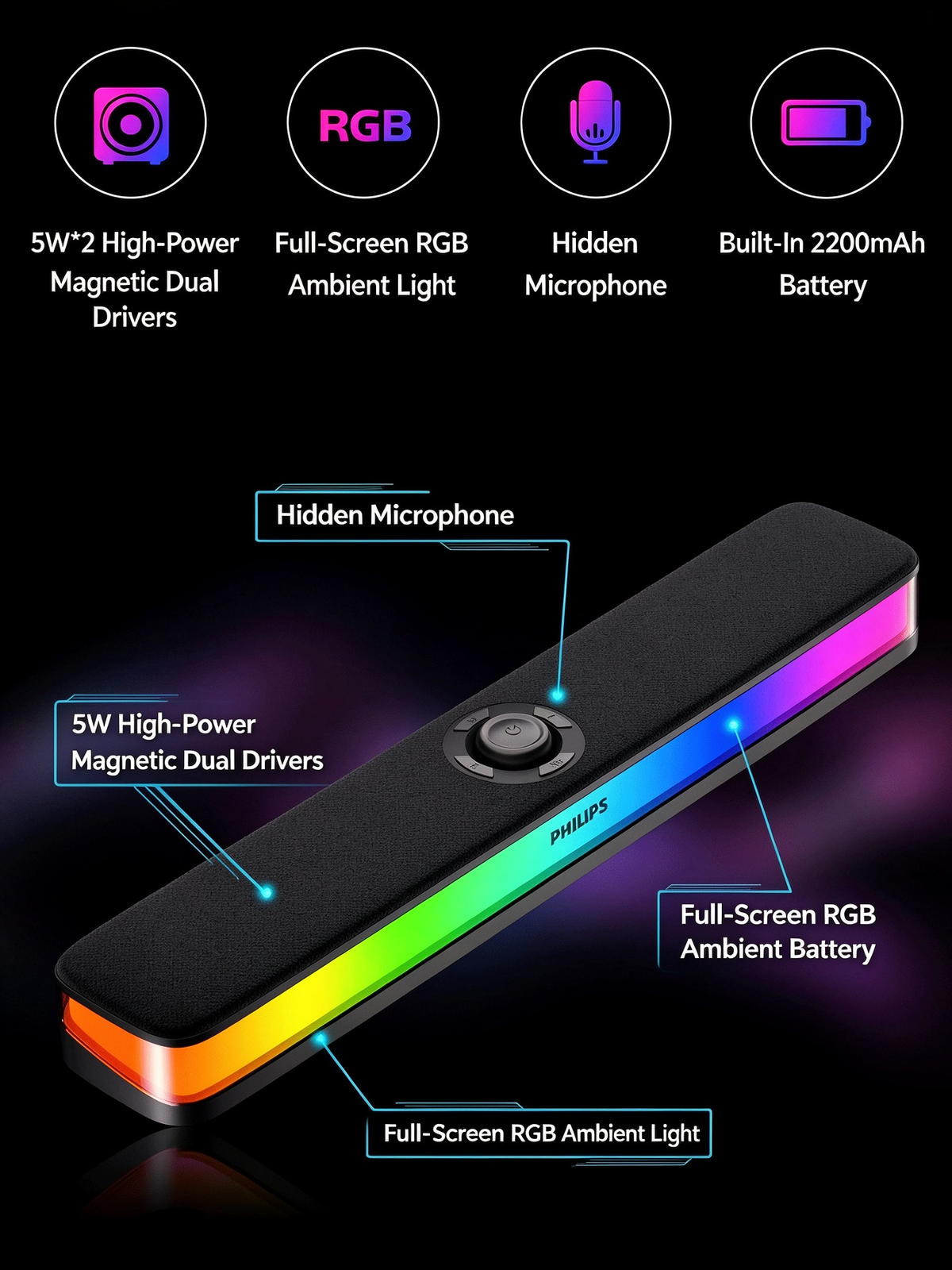 Philips Wireless Bluetooth Speaker - Desktop Long Strip Luminous RGB Gaming Esports Low Latency Soundbar for Computer, TV, Phone & Home Use