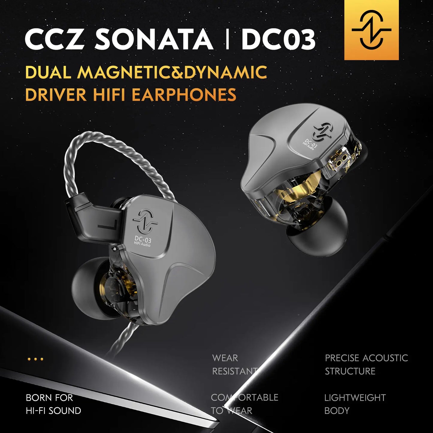 CCZ DC03 Wired Gaming Earbud Headset - 3.5 mm Jack Audio IEM Earphones, 1DD HiFi, Detachable Cable, Deep Bass, Noise Isolating, Mic, Black, Tablet Compatible, Manufacturer Warranty, Not Water Resistant