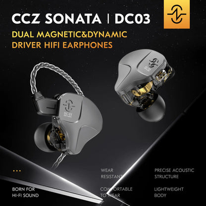 CCZ DC03 Wired Gaming Earbud Headset - 3.5 mm Jack Audio IEM Earphones, 1DD HiFi, Detachable Cable, Deep Bass, Noise Isolating, Mic, Black, Tablet Compatible, Manufacturer Warranty, Not Water Resistant