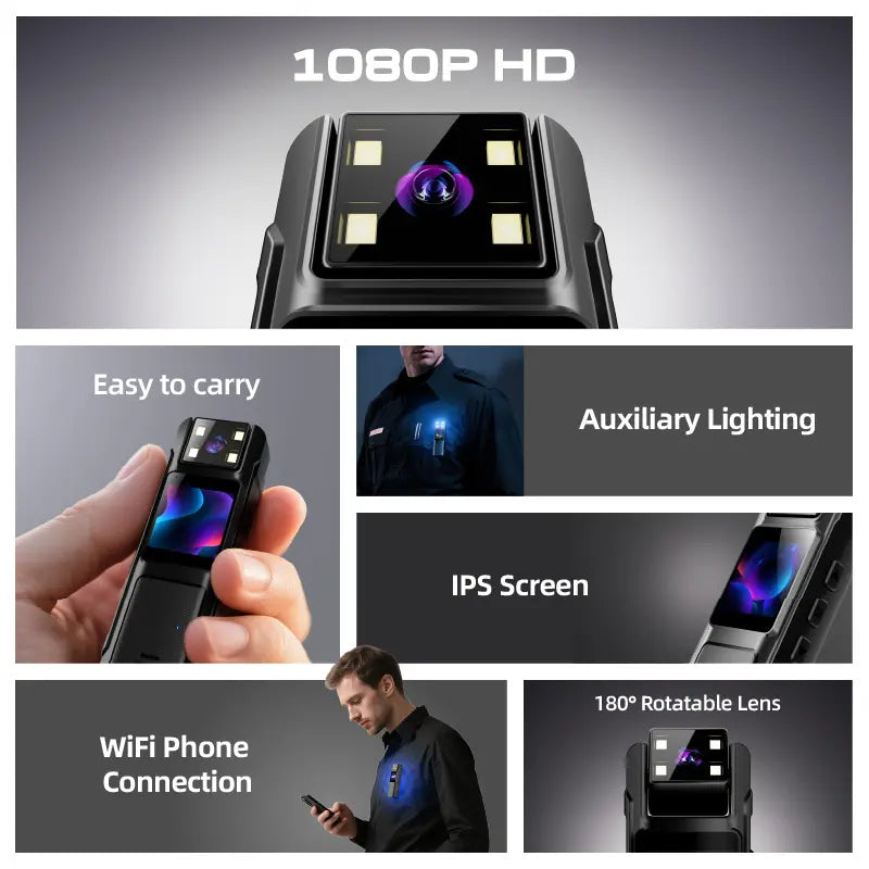 1080P Compact Mini Body Camera - 180° Rotating Lens, 130° Wide Angle, Night Vision, WiFi, Motion Detection, Portable Wearable Camcorder for Work and Sports Recording