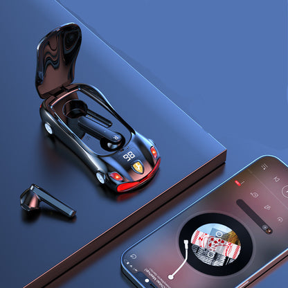 Black Wireless Earphone with Cool Sports Car Shape – Low Latency & Long Battery Life, Portable Bluetooth Earbuds