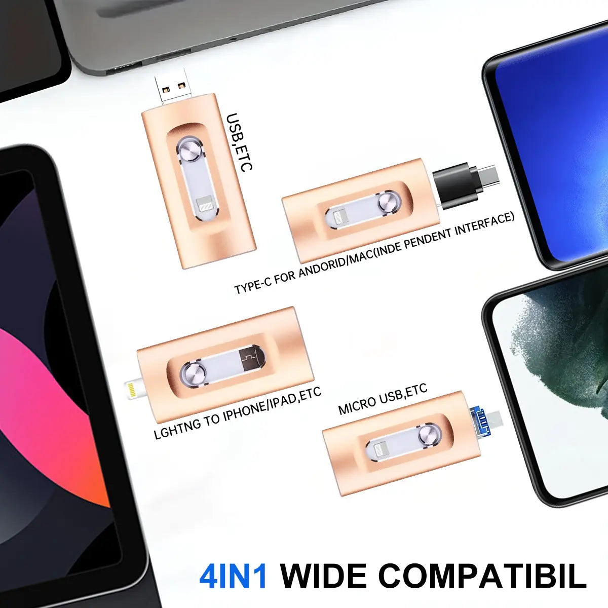 MFi Certified 256GB 4-in-1 Flash Drive - High Speed USB 3.0 Memory Stick for iPhone, iPad, Android and PC