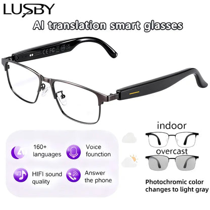 High-End AI Semi-Rimless Smart Glasses 164-Language Real-Time Translation | Open-Ear HD Audio, Bluetooth Calls & Music | Stylish Photochromic Lenses | Hands-Free, Lightweight & Comfortable for Daily Wear, Travel & Commuting | Easter gift