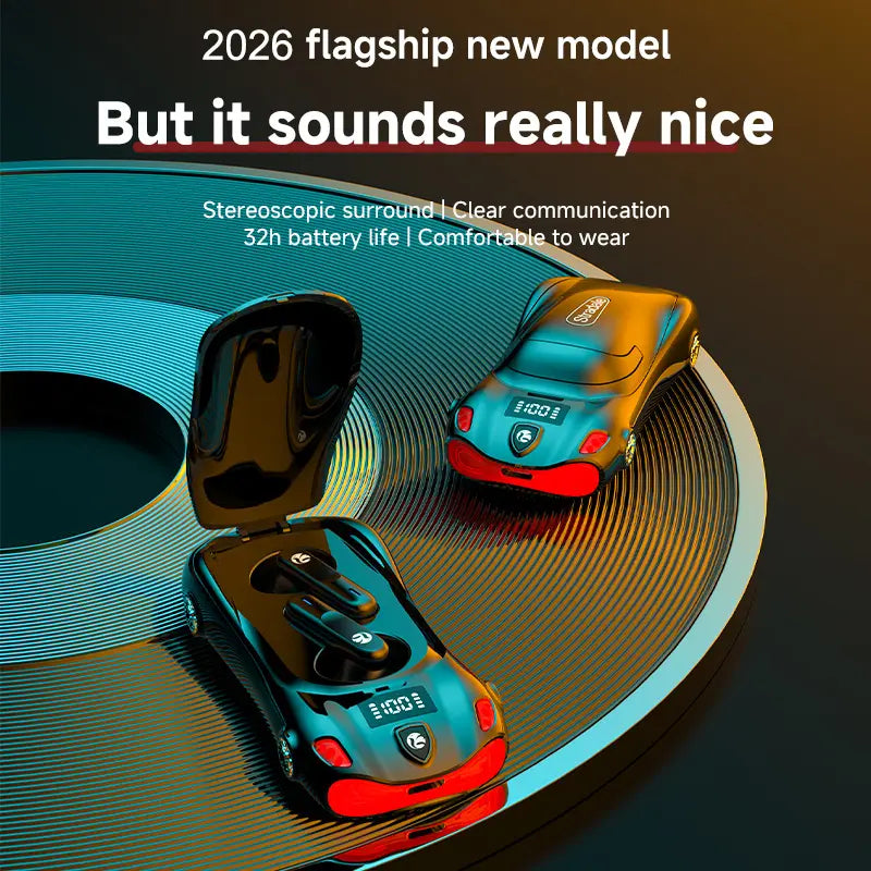 Black Wireless Earphone with Cool Sports Car Shape – Low Latency & Long Battery Life, Portable Bluetooth Earbuds