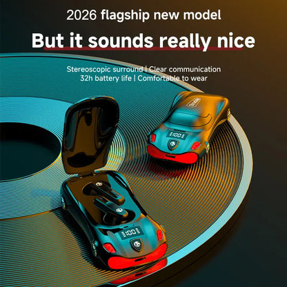 Black Wireless Earphone with Cool Sports Car Shape – Low Latency & Long Battery Life, Portable Bluetooth Earbuds