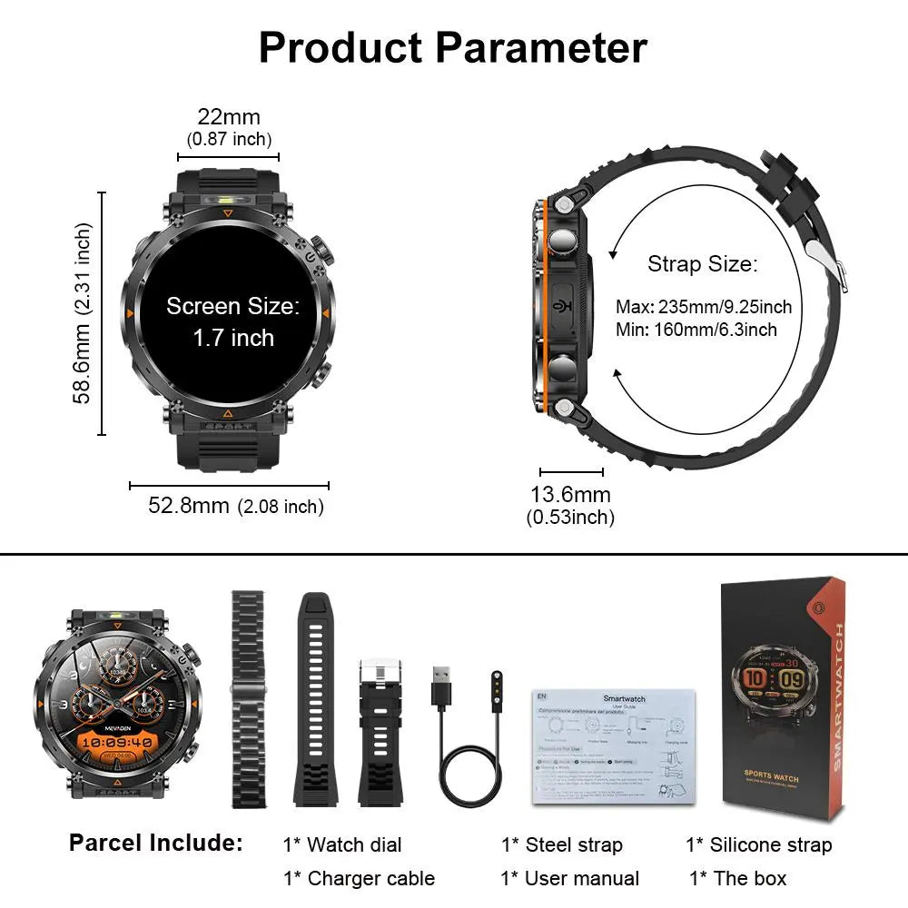 1.7" Large Screen Smartwatch – Answer/Dial Calls, 100+ Sports Modes, 600mAh Battery, Compass, Waterproof – Men's Gift Fitness Tracker