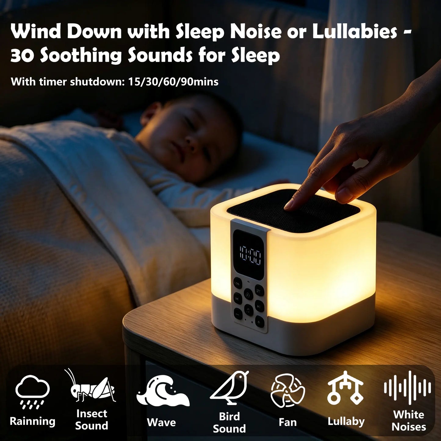 UFORU 4-in-1 Sleep Aid White Noise Machine/Bluetooth Speaker/Night Light/Alarm Clock (Rain, Insects, Ocean Waves, Birdsong, Fan, Lullaby), Perfect Vibe Bedroom Decor, Great Gift for Dad, Grads & More