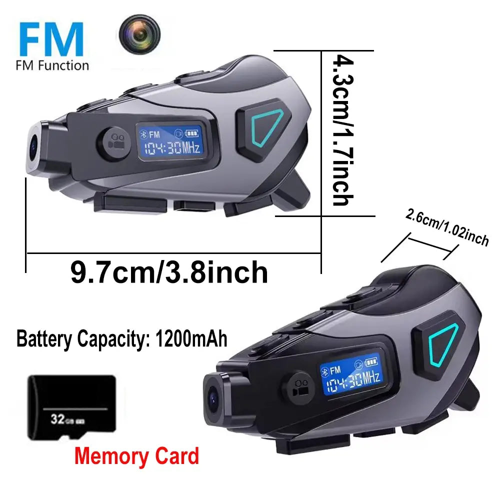 Motorcycle Helmet Wireless Headset, 1080P HD Dash Cam, Dashcam, Waterproof Bluetooth-compatible Earbuds, Ip65 Water Resistant, Fm Radio, 32GB Memory Card Included