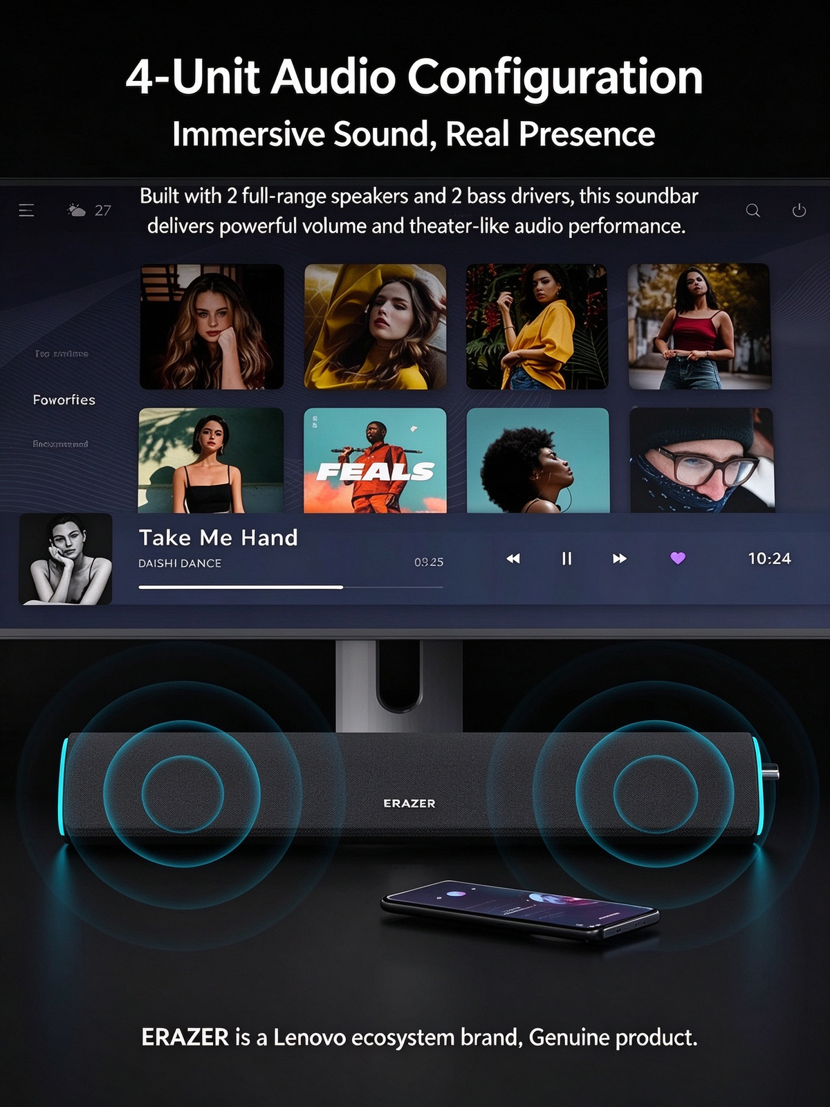 ERAZER Wired & Bluetooth Speaker - Excellent Sound Quality Desktop Long Strip Soundbar for Computer, TV, Phone & Home Audio