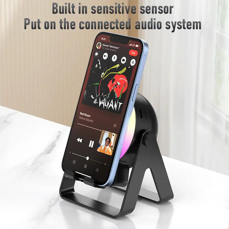 Wireless Induction Speaker, Cell Phone Stand with Bluetooth Speaker, Stereo Sound, RGB Ambient Light, Phone Holder Compatible with iPhone/iPad/Android/Samsung Galaxy-Black Adjustable Anniversary, Birthday, Audio