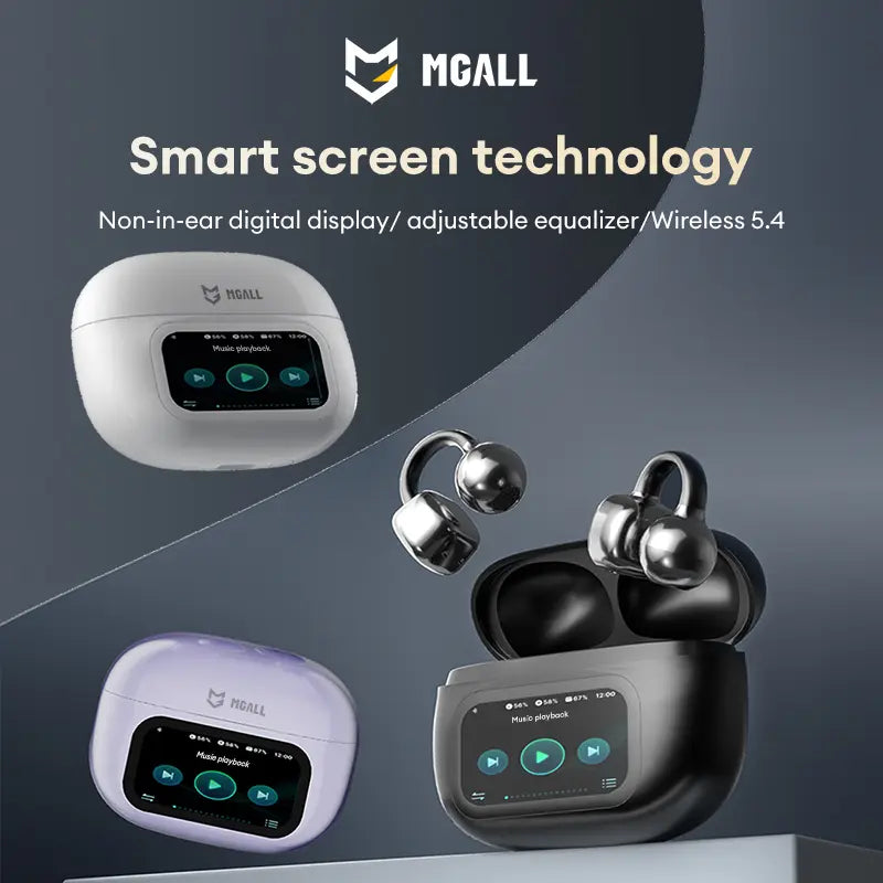 MGALL C02 Clip-On Ear Headphones – LCD Full Color Touch Screen, Bluetooth 6.0, Wireless Audio for Music & Calls