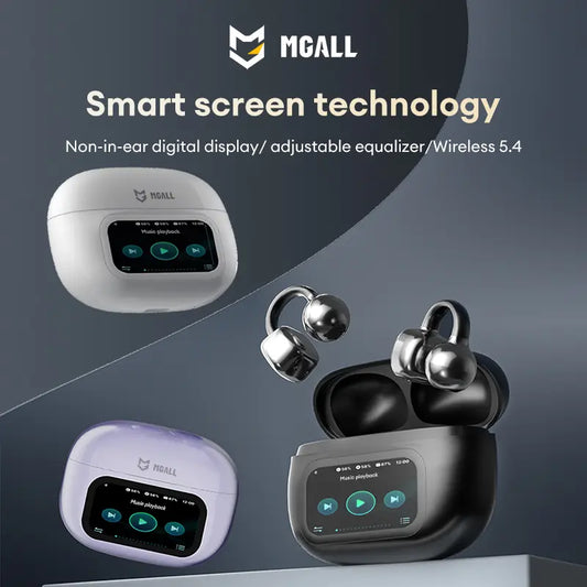 MGALL C02 Clip-On Ear Headphones – LCD Full Color Touch Screen, Bluetooth 6.0, Wireless Audio for Music & Calls