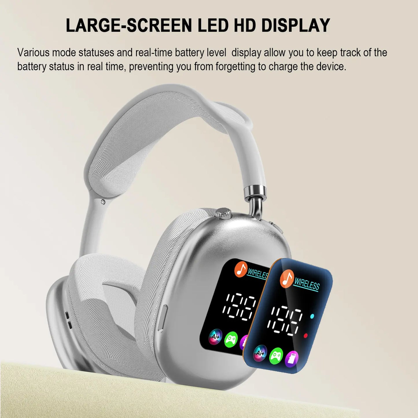 Over-Ear Wireless Bluetooth Headphones - Smart Color Digital Display, 16H+ Battery, Equalizer, Low Latency, Surround Sound for Gaming