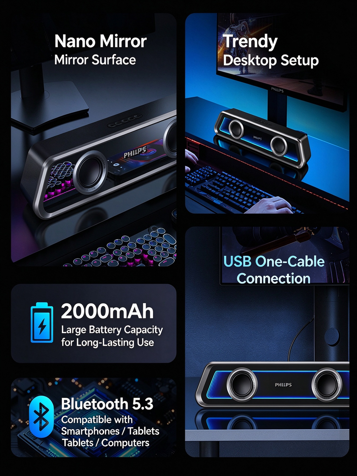Philips Mirror-Finish Bluetooth Speaker - RGB Lighting, Long Strip Soundbar with Treble & Bass, Home Esports Gaming Speaker, TV Soundbar, Immersive Sound