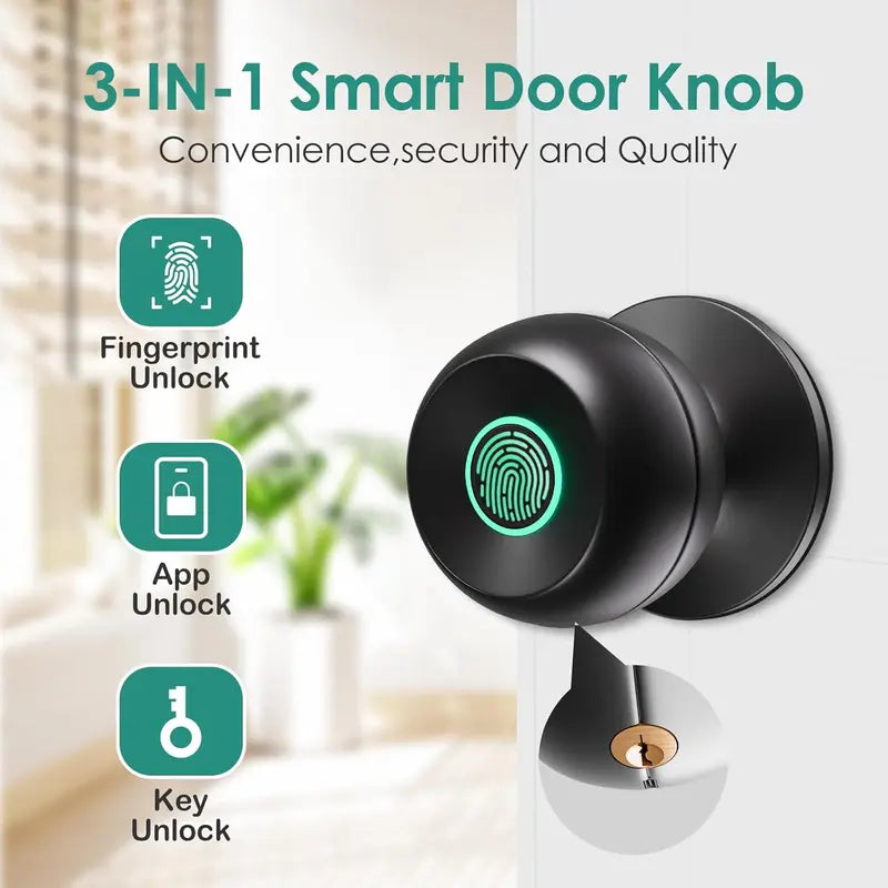 Smart Fingerprint Door Knob with App Control - Biometric Keyless Door Lock with Auto Lock for Bedroom, Home and Office