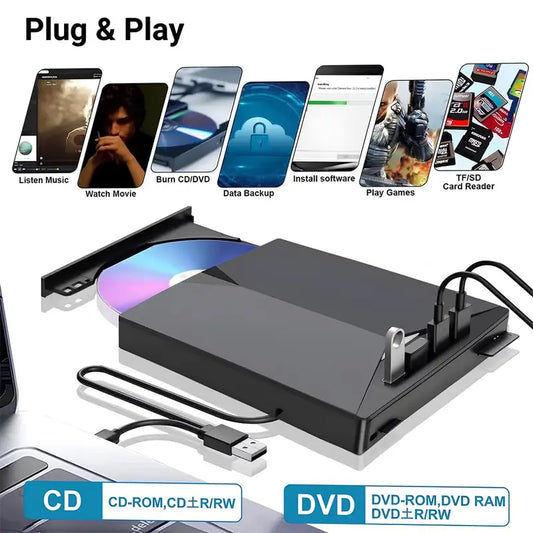 7-in-1 External CD DVD Drive for Laptop and Desktop - USB 3.0 Type-C Portable DVD Burner with TF/SD Card Slots