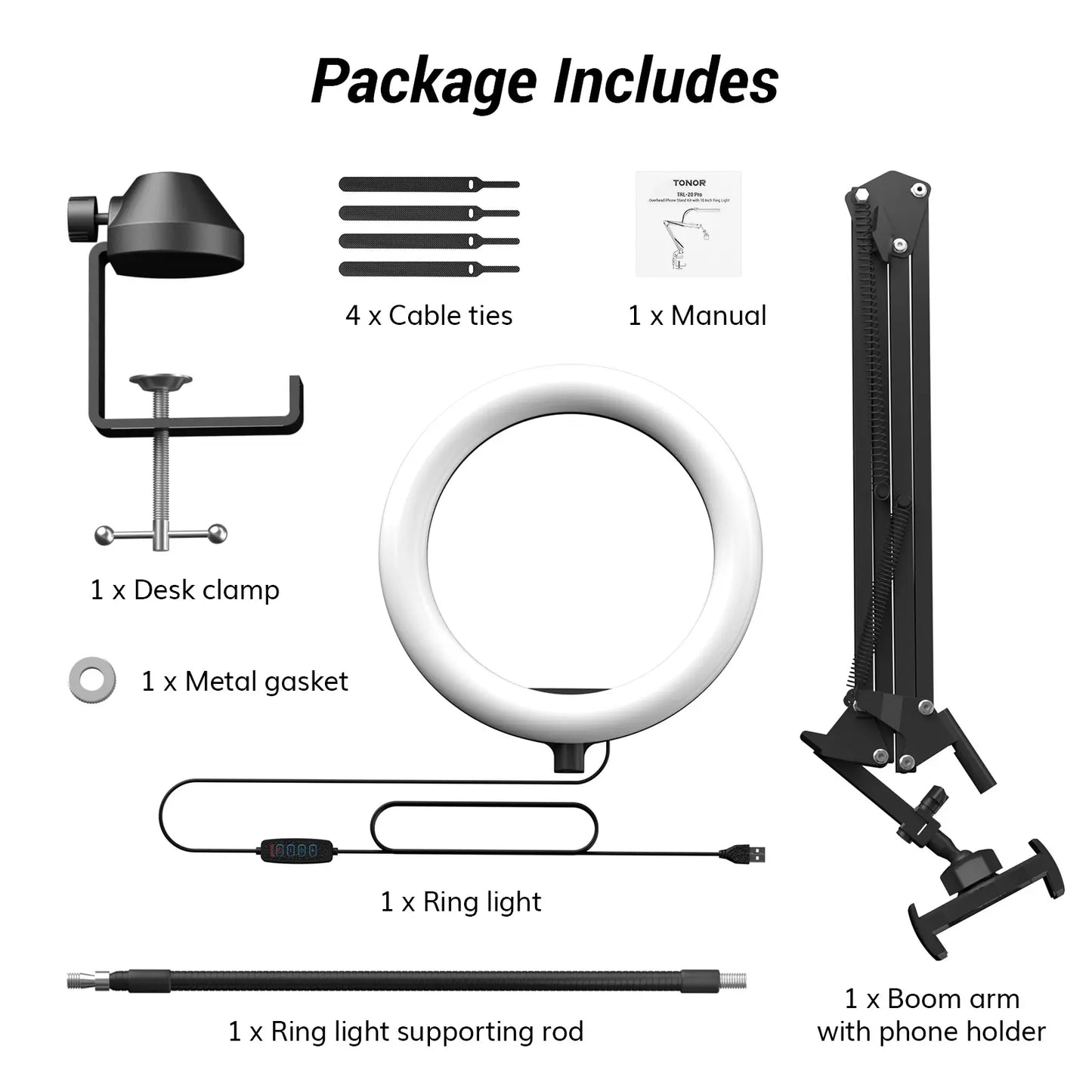 Overhead Ring Light Kit with Boom Arm and Phone Holder - Adjustable Angle for Recording, Live Stream, Makeup and Nail Art
