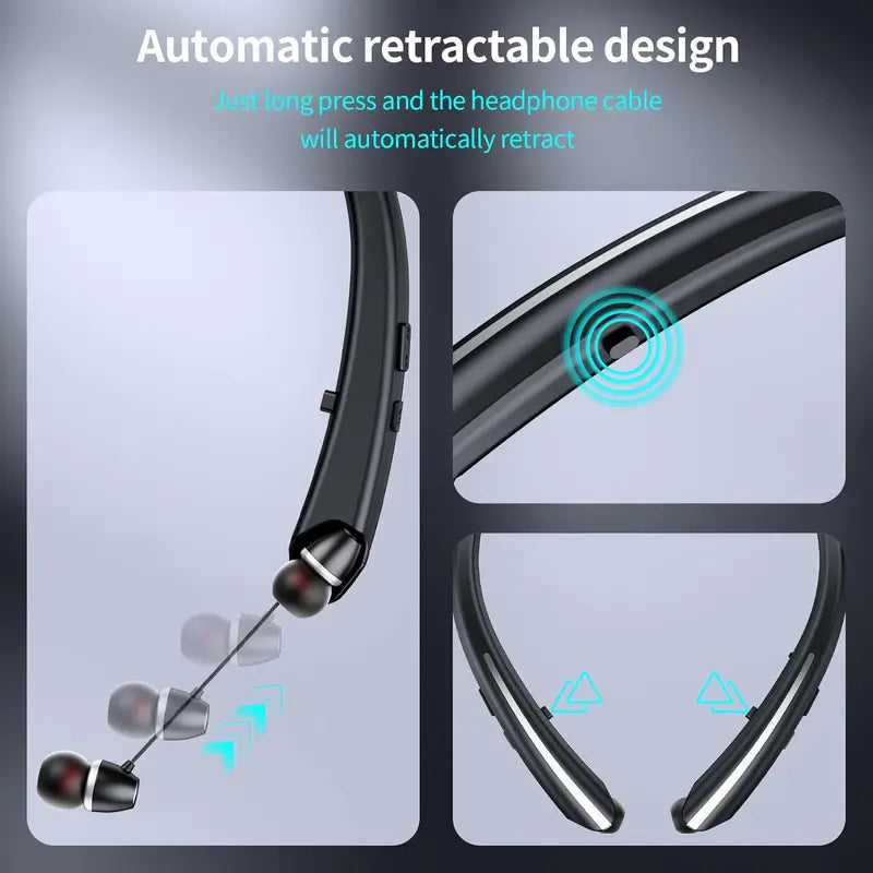 Retractable Bluetooth Neckband Headphones - Noise Cancelling Wireless Sports Earbuds with Microphone, IPX5 Sweat Resistant for iPhone, Android, Samsung and PC (Black)