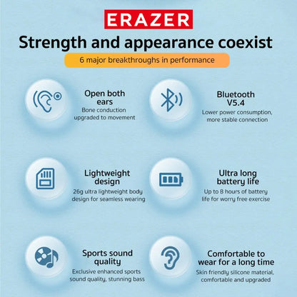 ERAZER XF22 Wireless Bone Conduction Earbuds - Bluetooth 5.4, Touch Control, HiFi Stereo, Water Resistant Sports Earphones