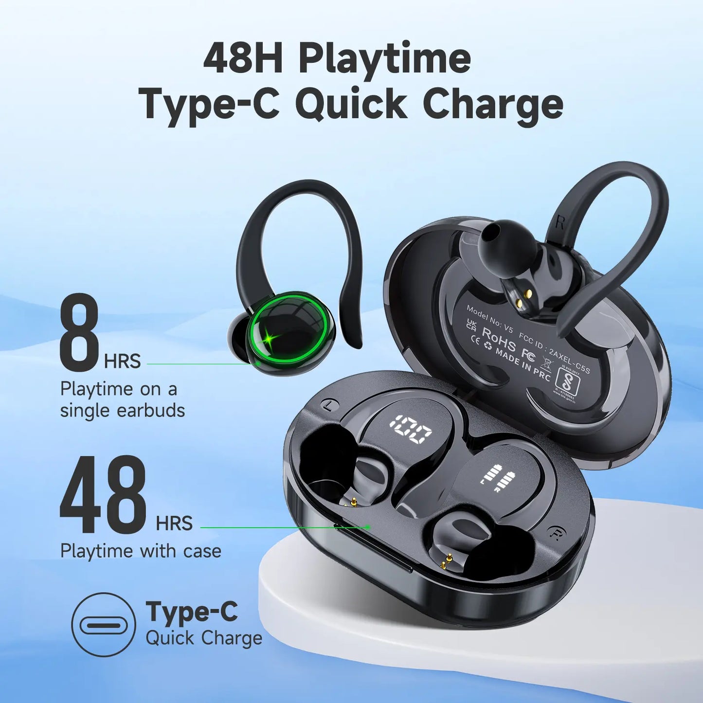 Wireless Bluetooth Earbuds - IPX7 Water Repellent, Sturdy In-Ear Headphones with Type-C Jack, Noise Reduction, 1-Year Warranty, High-Quality Audio, Hanging Ear Design (Black)