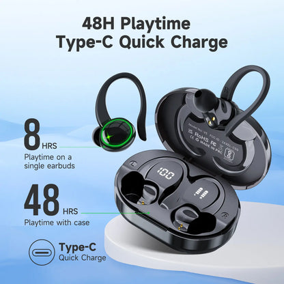 Wireless Bluetooth Earbuds - IPX7 Water Repellent, Sturdy In-Ear Headphones with Type-C Jack, Noise Reduction, 1-Year Warranty, High-Quality Audio, Hanging Ear Design (Black)