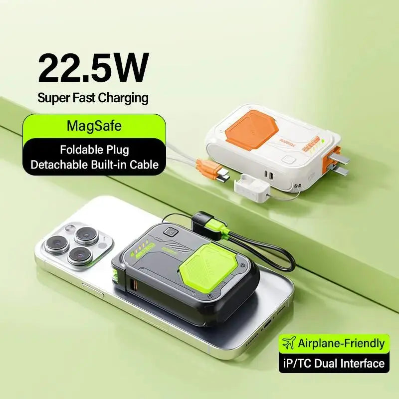 Portable Charger, Magnetic Power Bank, Small Wireless PowerBank, Battery Pack 20000mAh Travel Essentials Fast Charging With Built in Cable, Foldable Wall Plug for iPhone,Samsung,Andriod