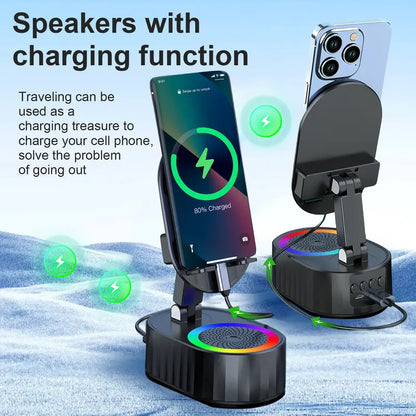 AKLLCCR Wireless Induction Audio Bluetooth Speaker 5in1 Cellphone Holder USB Emergency Rechargeable (5000mAh) Portable Power Mobile Tablet Stand with Colorful Ambient Light Gifts for Friend, Family