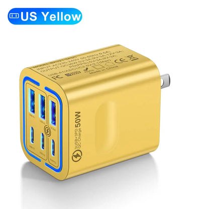 KAXOE Portable Multi-Port Charging Station 50W – 6-Port USB-C & USB-A Adapter Cube Plug for iPhone, iPad, Samsung – Fast Charging Hub