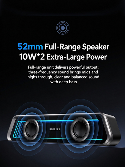 Philips Mirror-Finish Bluetooth Speaker - RGB Lighting, Long Strip Soundbar with Treble & Bass, Home Esports Gaming Speaker, TV Soundbar, Immersive Sound