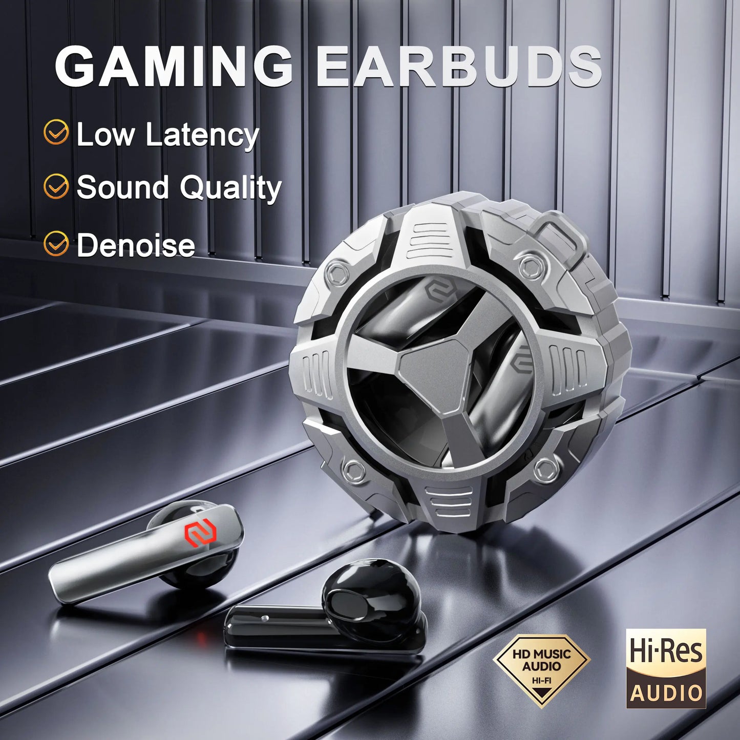 Gaming Earbuds - Mecha Design, Low Latency, RGB Light, HiFi Stereo, IPX5 Water Resistant