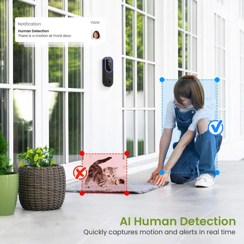 Wireless Video Doorbell Camera, Smart Security Doorbell Camera, 1080P, AI Human Detection , Night Vision, Instant Alert, Two Way Audio, 2.4G WiFi Only, Simple Installation and Rechargeable Battery, Cloud Storage, WiFi Camera