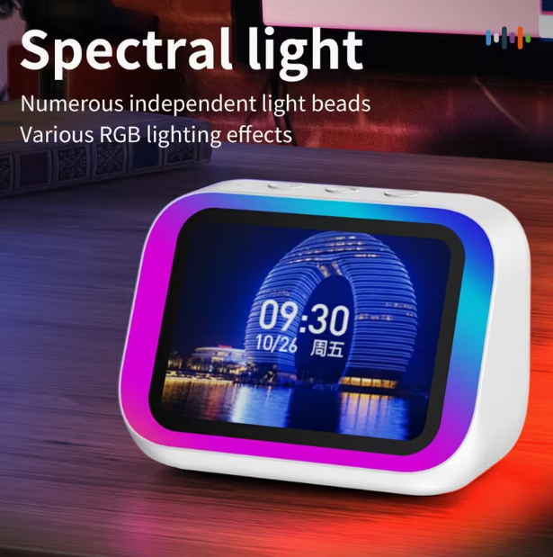 AI Smart Speaker & Alarm Clock with Wireless Speaker – Dynamic RGB Light, Hi-Fi Stereo Sound, HD Smart Display, Answer/Make Calls, Voice Assistant, Period Tracker, 2500mAh Battery, Portable Bedside Digital Clock