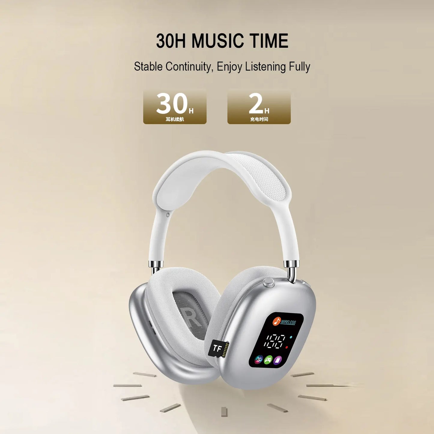 Over-Ear Wireless Bluetooth Headphones - Smart Color Digital Display, 16H+ Battery, Equalizer, Low Latency, Surround Sound for Gaming
