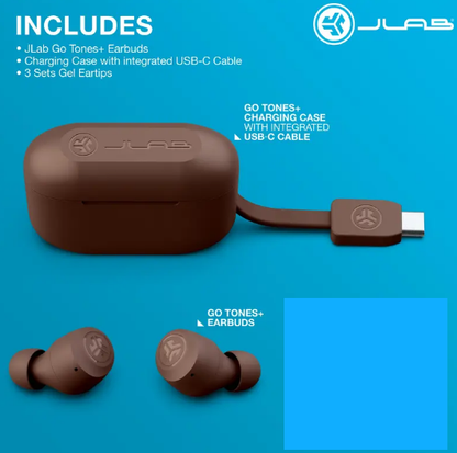 JLab GO Tones+ True Wireless Bluetooth Earbuds - 35+ Hours Playtime, Customizable EQ, Fast Charging, Integrated Cable, Touch Controls