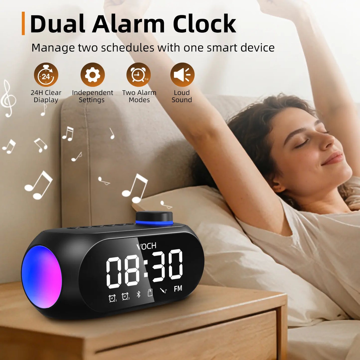 Bluetooth Speaker with Dual Alarm Clock – FM Radio, TF Card Slot, AUX Input, LED Mood Light – Digital Bedside Clock for Bedroom, Home, Travel