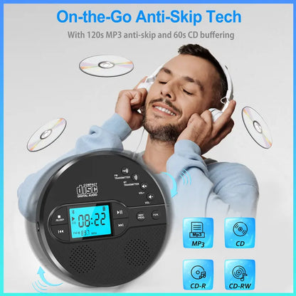Portable CD Player with Bluetooth 5.1 – Stereo Sound, FM Transmitter, 2000mAh Battery, Anti-Skip Protection, AUX/USB Ports, LCD Display – for Car & Home, Great Gift