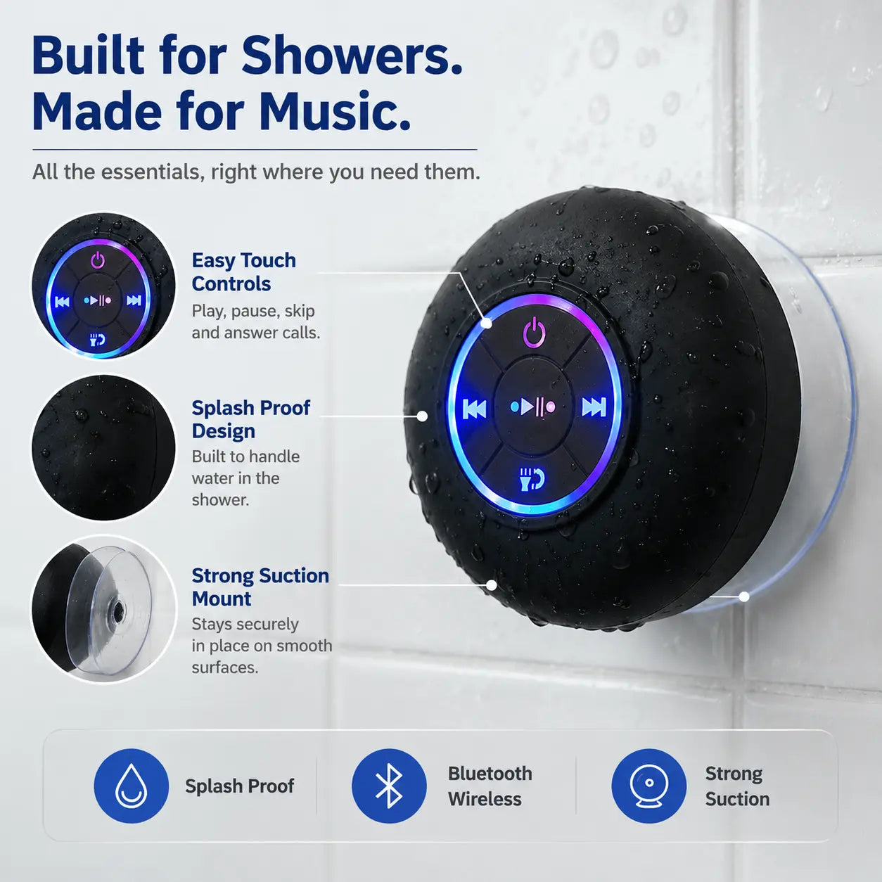 Waterproof Bluetooth Speaker with Suction Cup & Lanyard 2-in-1 Portable Wireless Shower Speaker for Bathroom, Outdoor, Beach & Car RGB LED Mini Travel Speaker for Hiking Camping | Gift for Men Women – 🔥 Order 1 Get 2 🔥