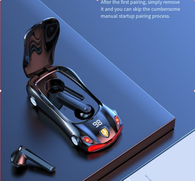 Black Wireless Earphone with Cool Sports Car Shape – Low Latency & Long Battery Life, Portable Bluetooth Earbuds