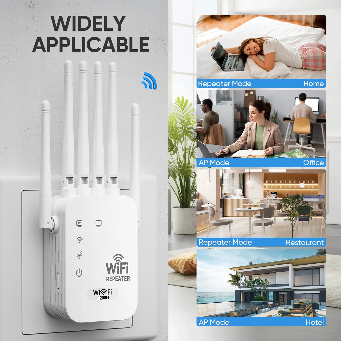 WiFi Extender 6-Antenna Strong Signal - 1200Mbps Dual Band 2.4GHz Booster, Wide Coverage Wireless Amplifier for Home Studios and Remote Workspaces