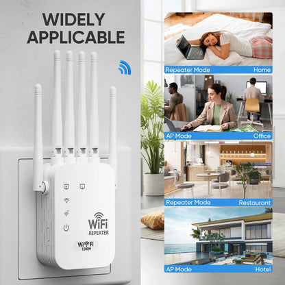 WiFi Extender 6-Antenna Strong Signal - 1200Mbps Dual Band 2.4GHz Booster, Wide Coverage Wireless Amplifier for Home Studios and Remote Workspaces