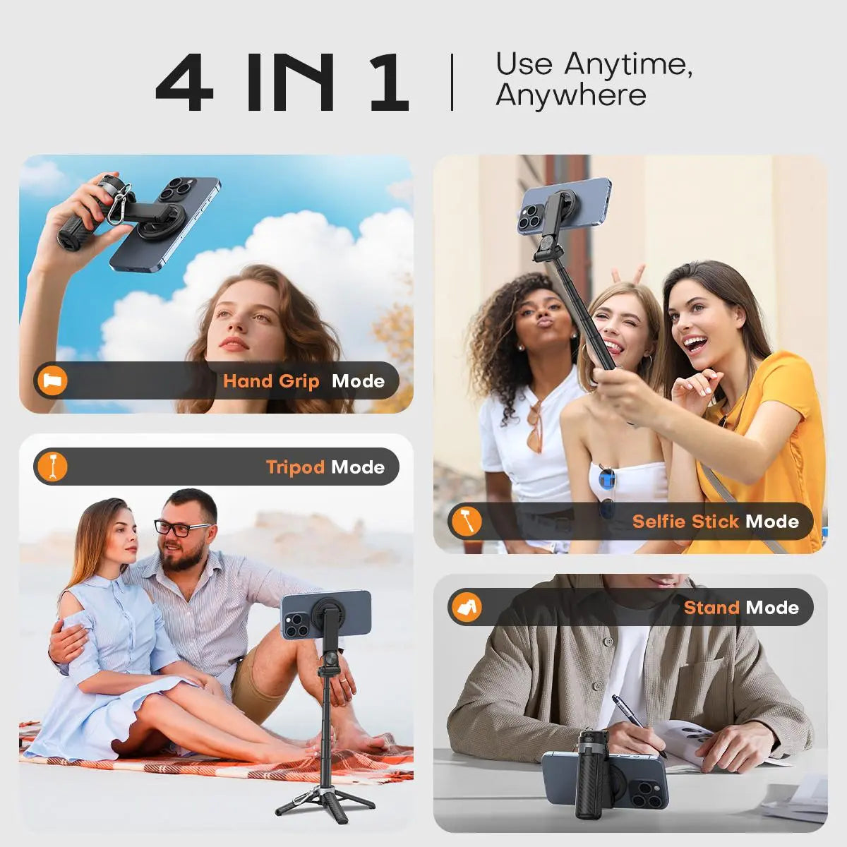 4-in-1 Magnetic Selfie Stick with Remote - 360° Rotation, Transforms into Mini Tripod, Camera Grip, Handheld Stabilizer and Phone Stand, Extends to 17.32 Inches